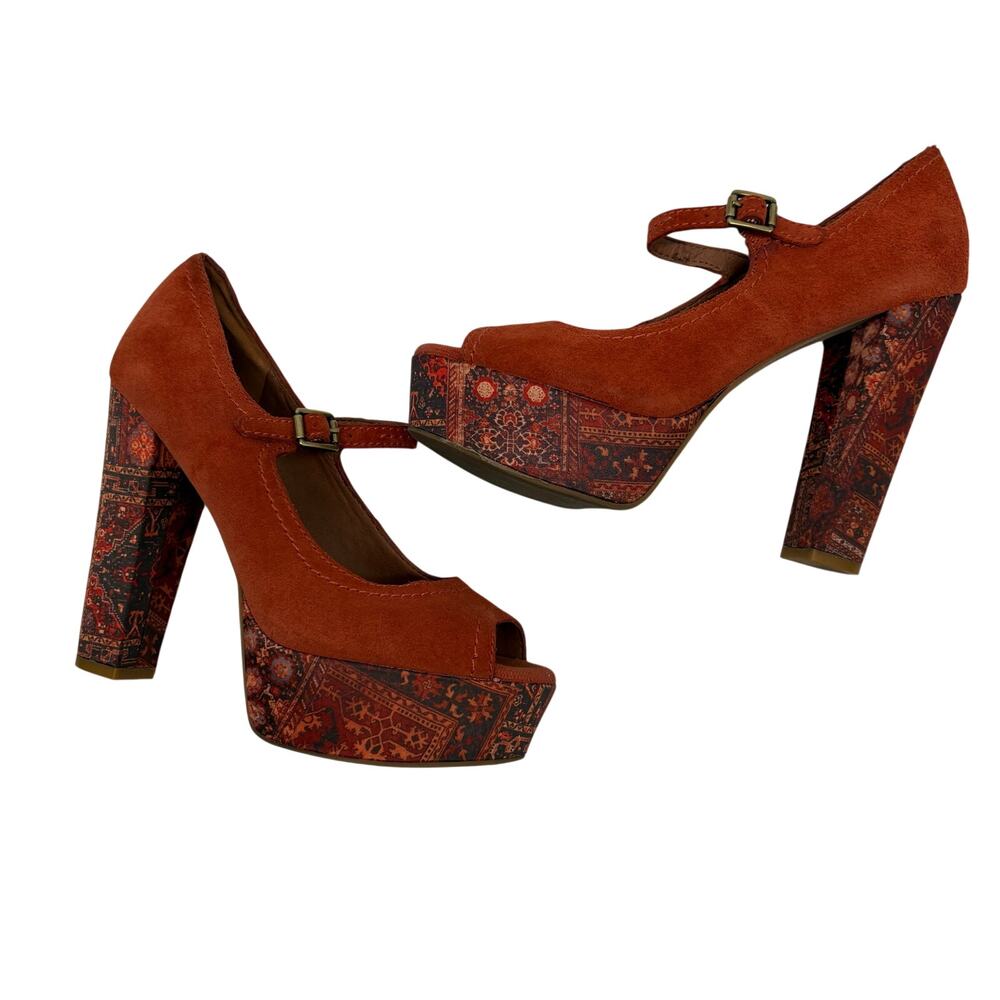 Lucky Brand Neece Platform Mary Jane Suede Heels Pumps Burnt Orange Womens 8